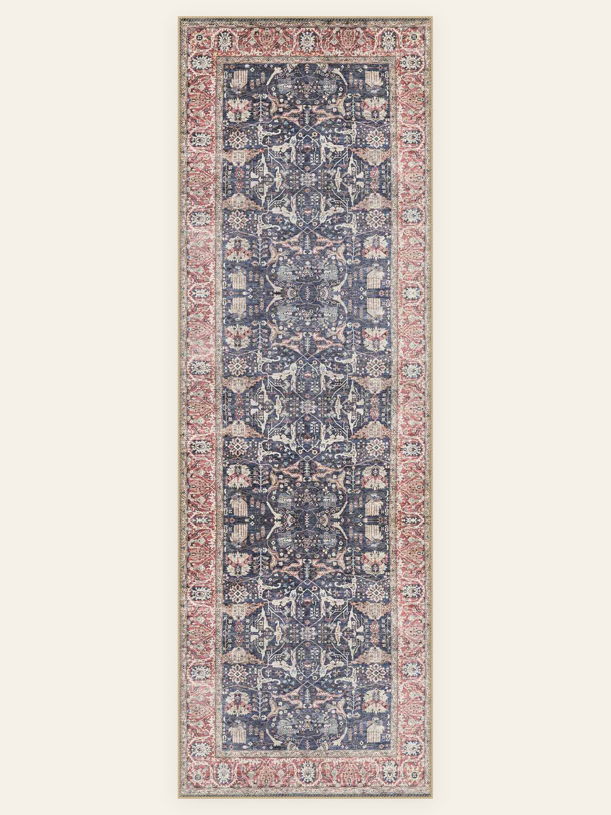 Navy Rosette washable rug, runner shape, top view