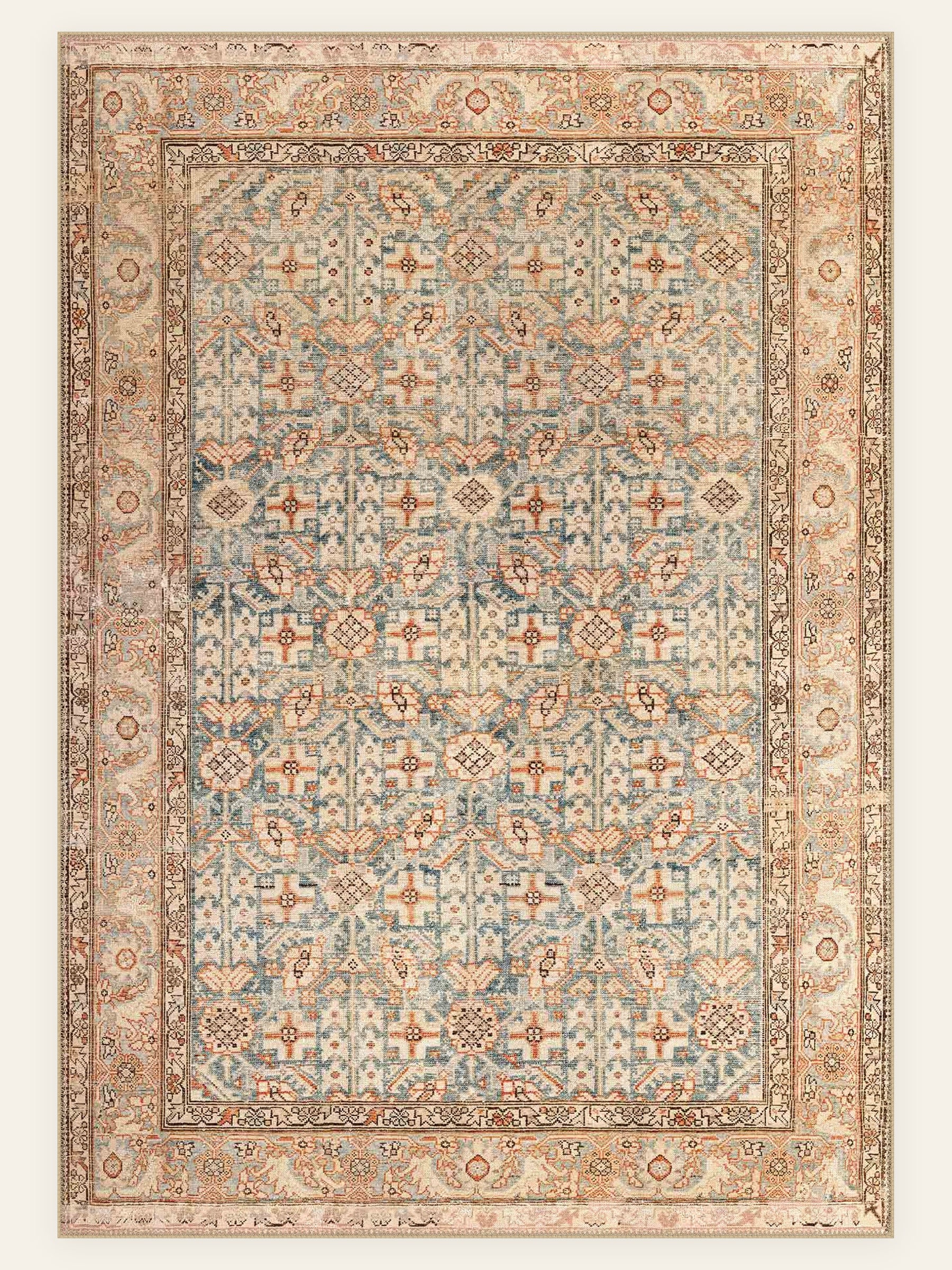 Apricot Herati washable rug, rectangle shape, top view