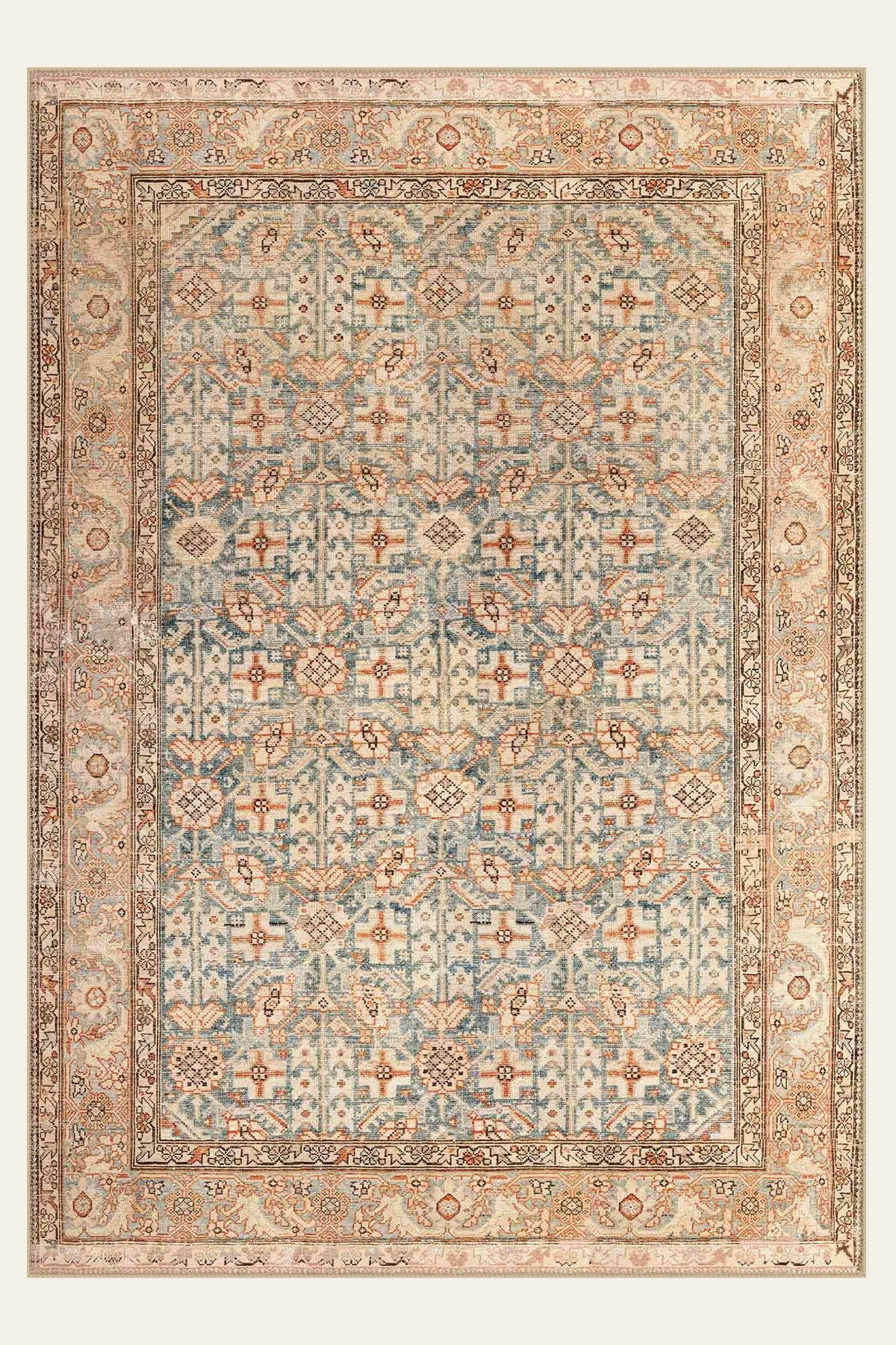 Apricot Herati washable rug, rectangle shape, top view