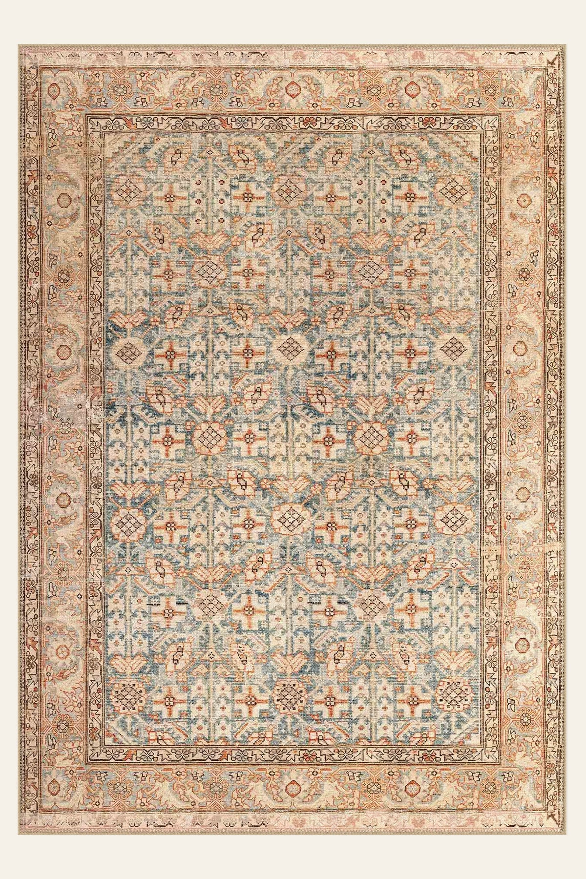 Apricot Herati washable rug, rectangle shape, top view