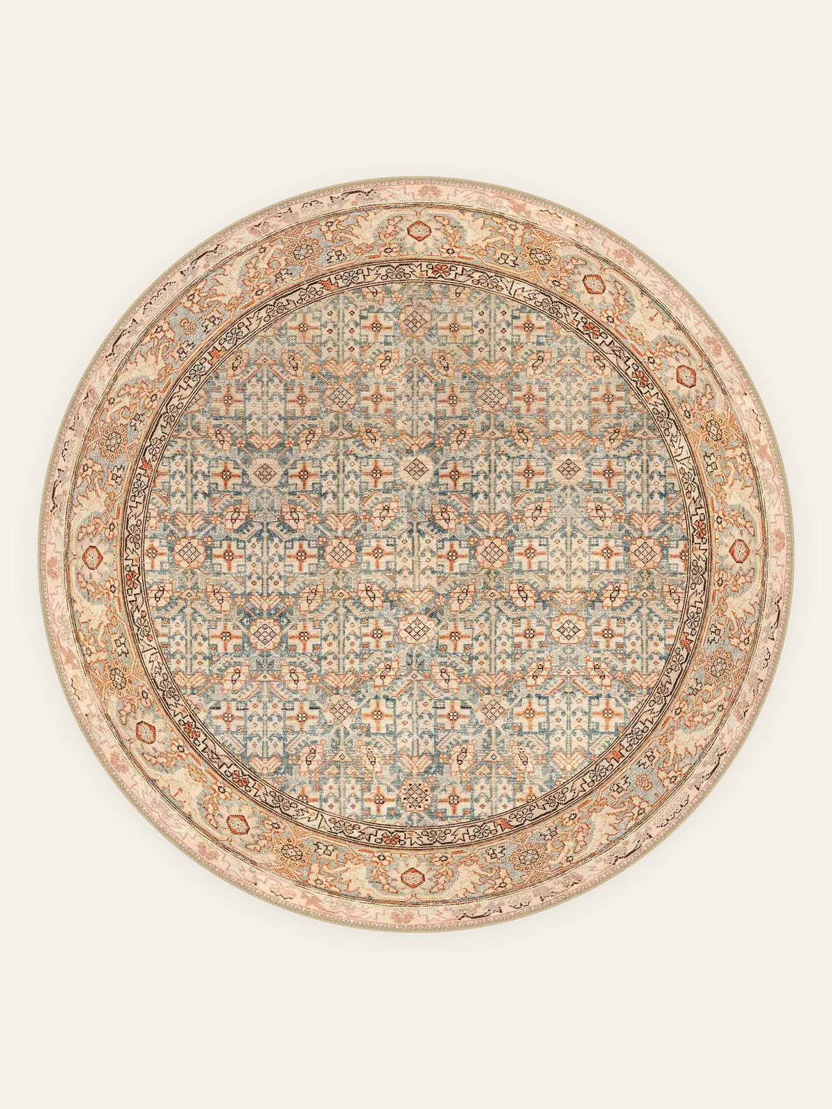 Apricot Herati washable rug, round shape, top view