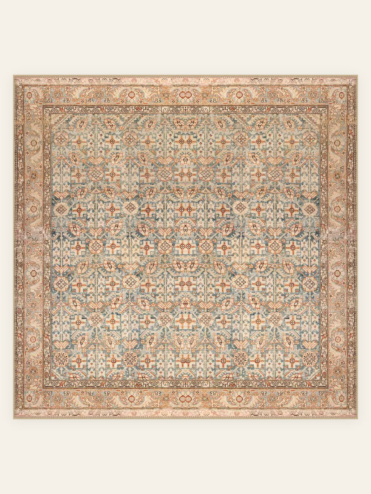 Apricot Herati washable rug, square shape, top view