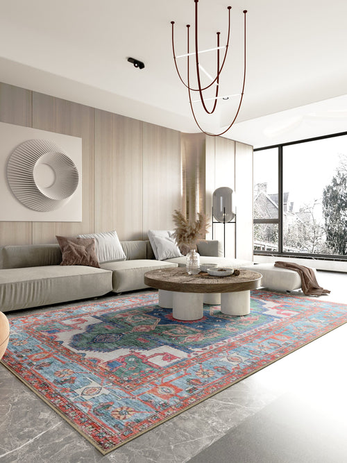 Serapi Forest washable area rug in a styled room, rectangular, low-pile cotton blend